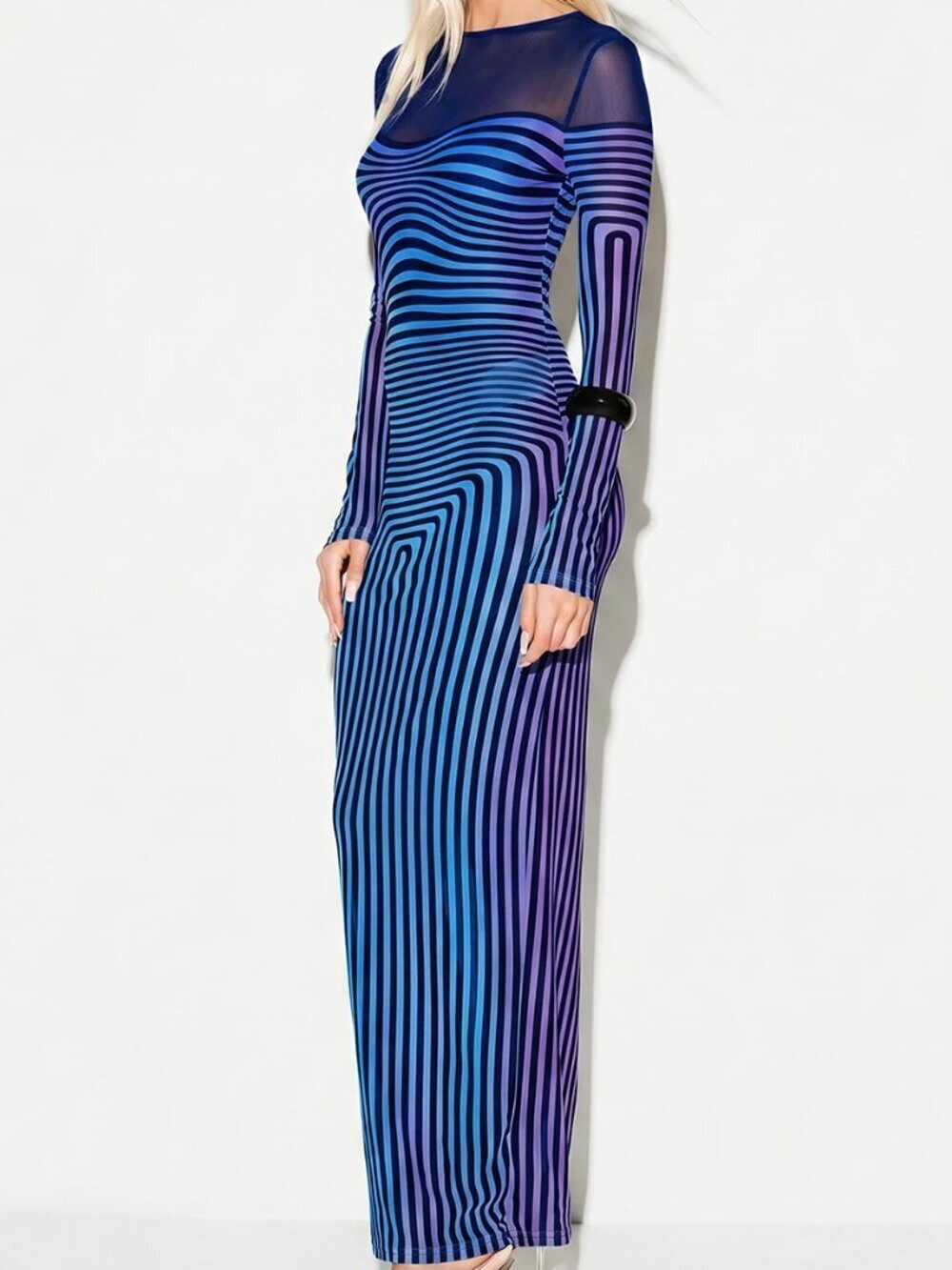 Blue Casual Women's Long Sleeve Bodycon Maxi Dress - Picture 4 of 5